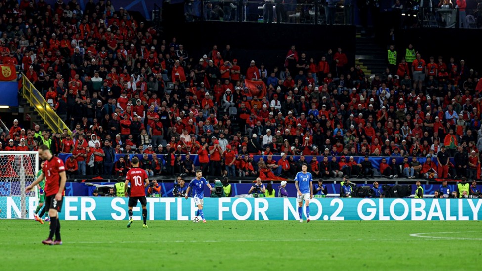 Hisense's "NEVER SETTLE FOR NO.2 GLOBALLY" slogan on the LED board in UEFA EURO 2024™
